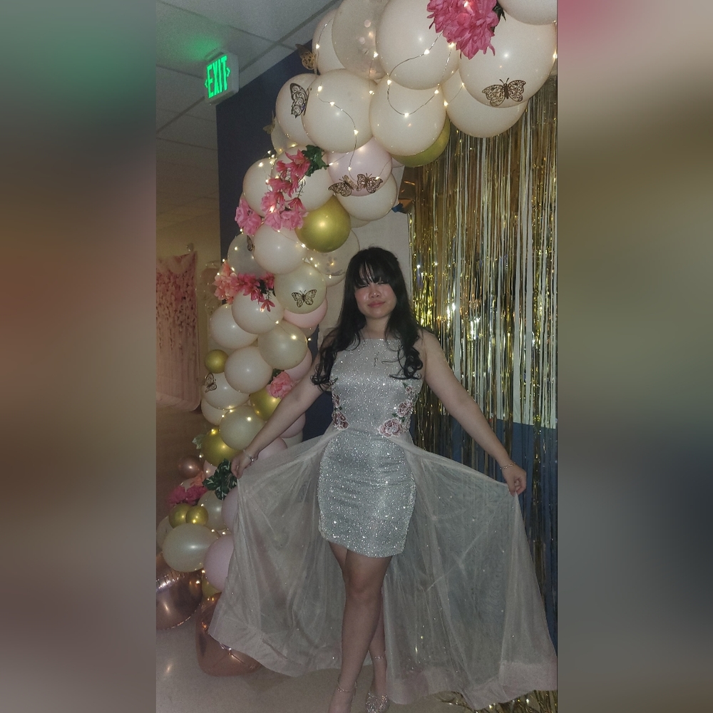 dusty rose sparkly high low dress with embroidered accents & pearls on the trail